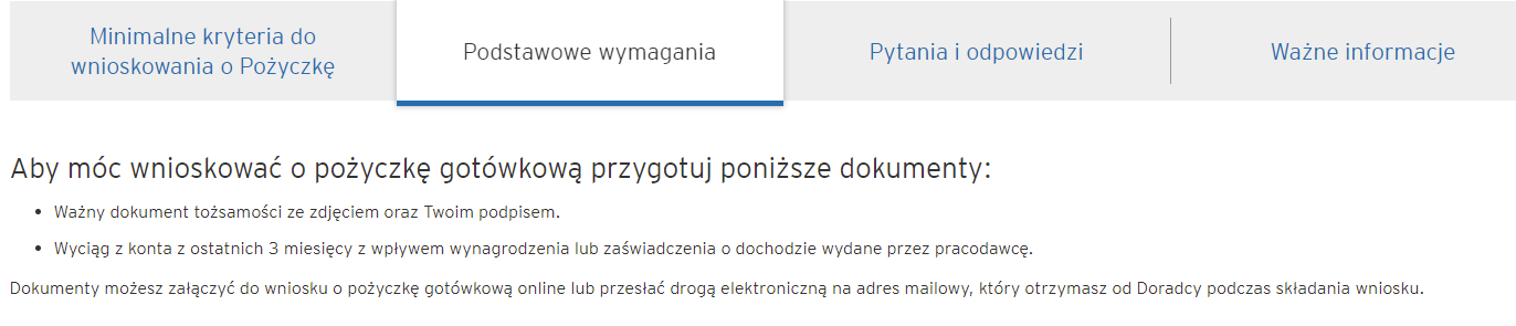 Podstawowe wymagania przy pożyczce gotówkowej w Citi Banku (Fot. Screen / citibank.pl na dzień 20.12.2021)