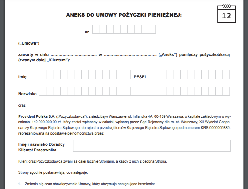 Fragment przykładowego aneksu do umowy pożyczki w Provident Polska S.A. (Fot. Screen / providentpozyczka.pl)